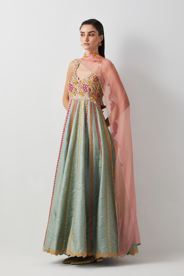 Aqua Silk Hand Embroidered Anarkali Set with Organza Dupatta