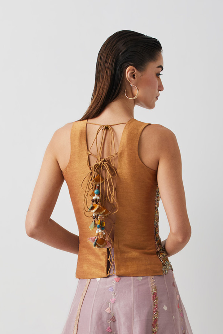 Blush Pink Embroidered Palazzo+Bronze Ornate Embroidered Corset