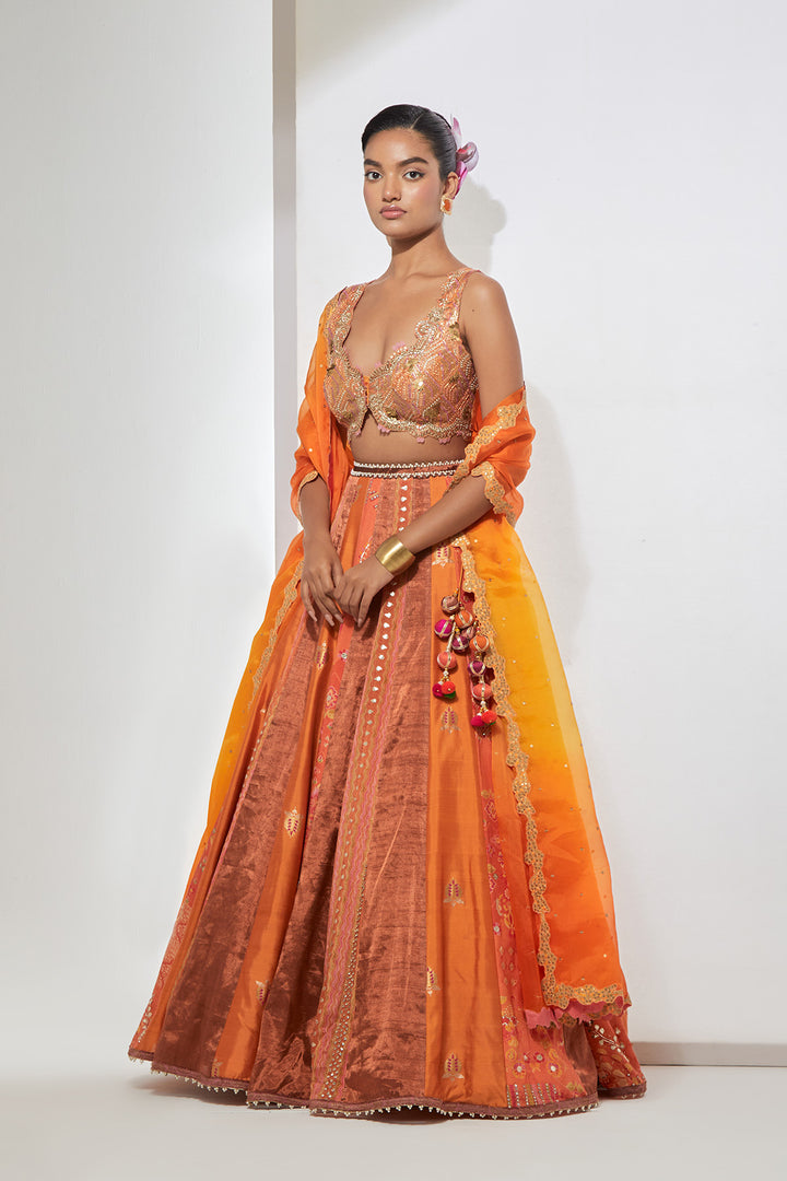 Sunset Orange Embroidered Lehenga Set with Dupatta