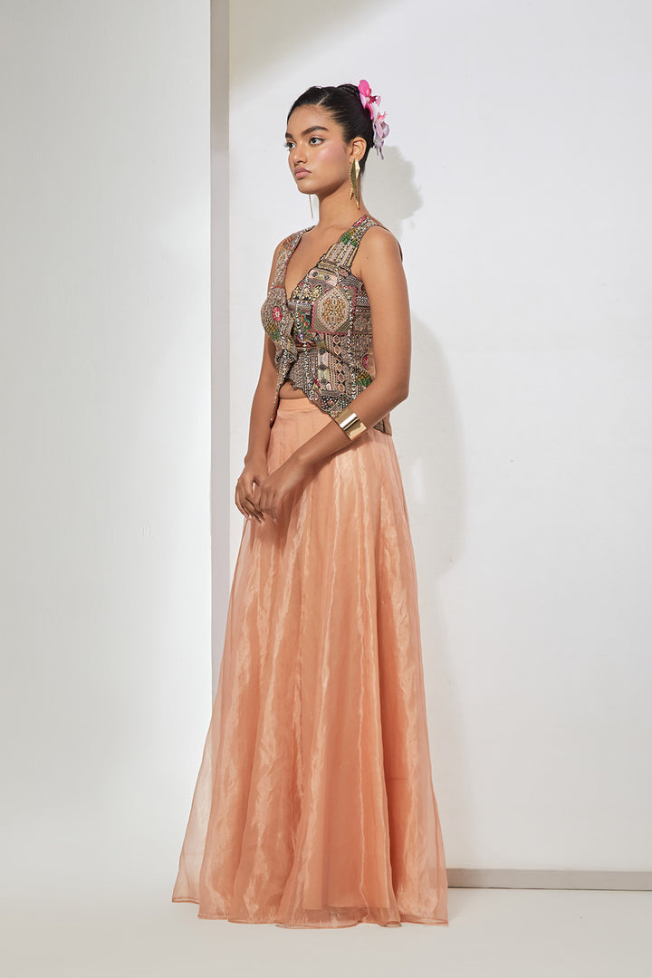 Noor Hand-Embroidered Silk Corset &amp; Organza Skirt Set