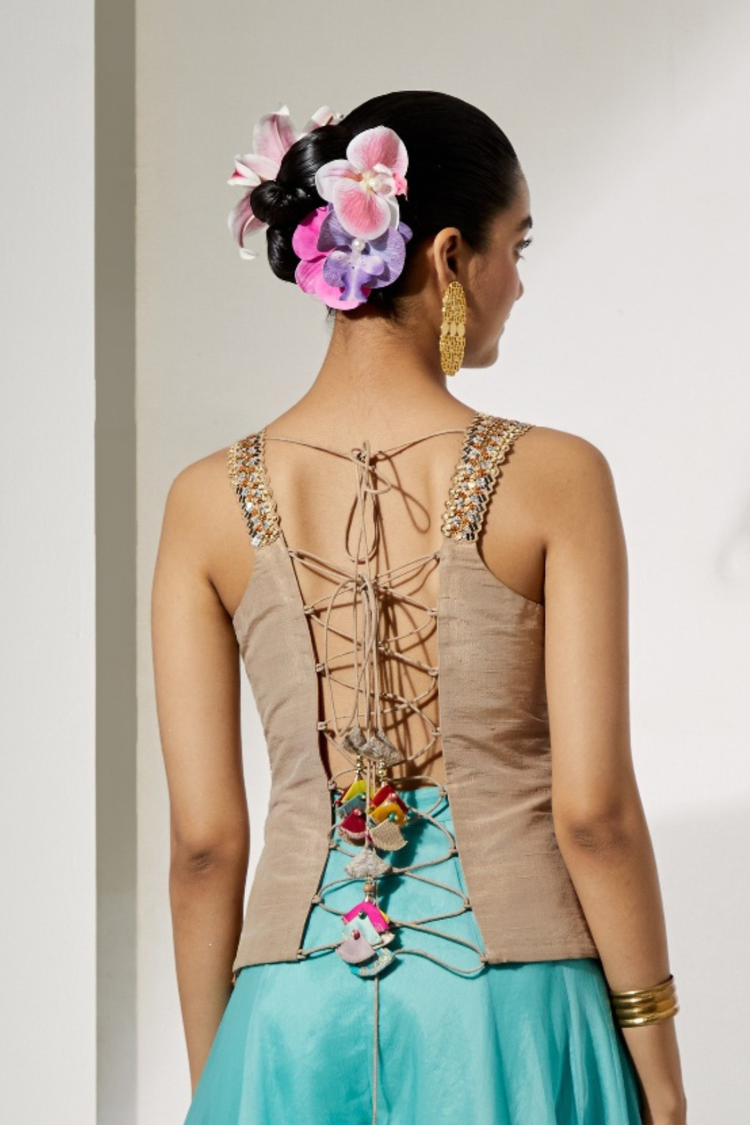 Teal Organza Flared Lehenga Skirt+Mustard Cheetah &amp; Floral Threadwork Waistcoat