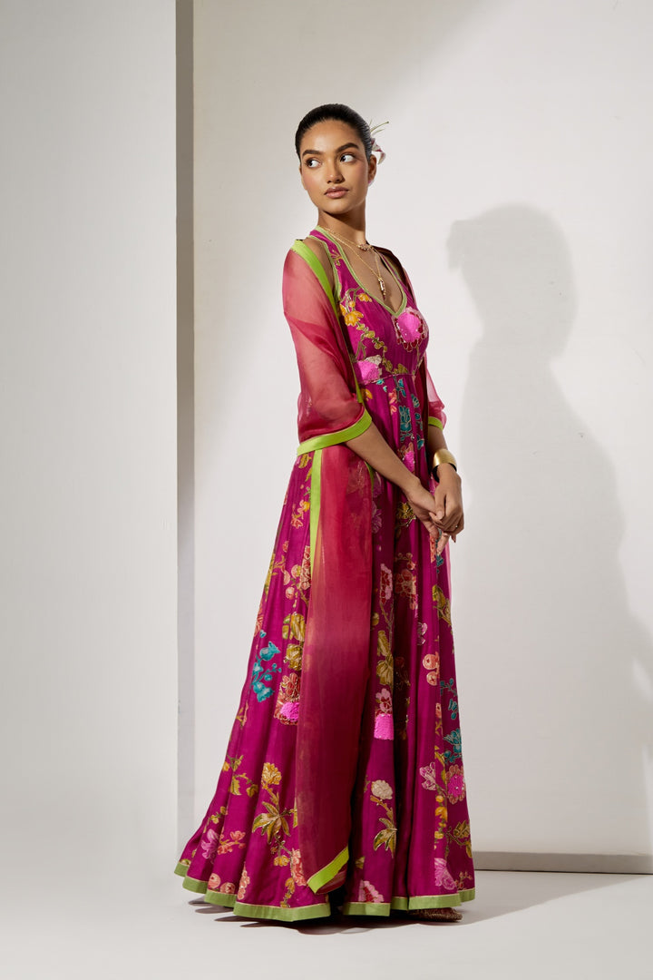 Fuchsia Bloom Silk Anarkali Set