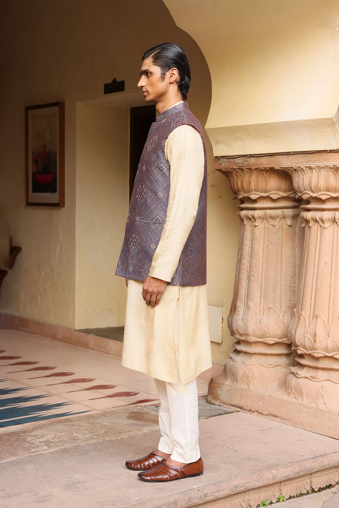 Cream kurta set with statement jacket