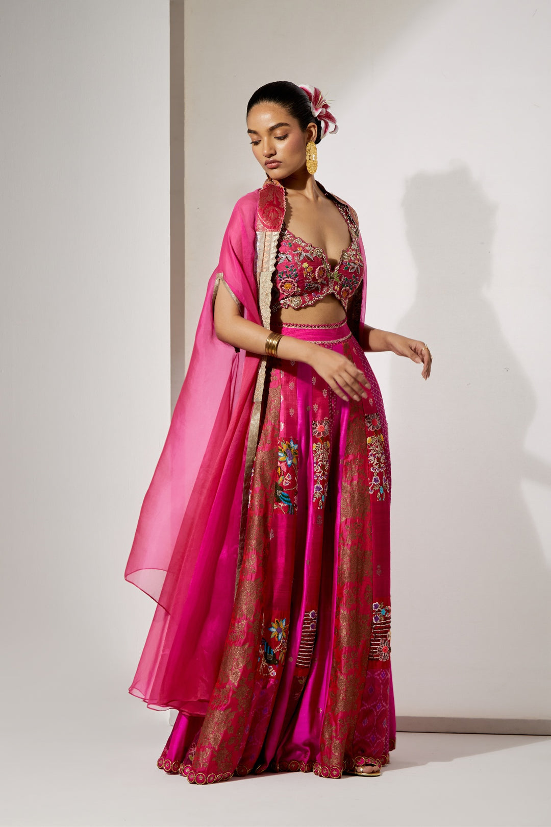 Fuchsia Embroidered Sharara Set with Organza Cape
