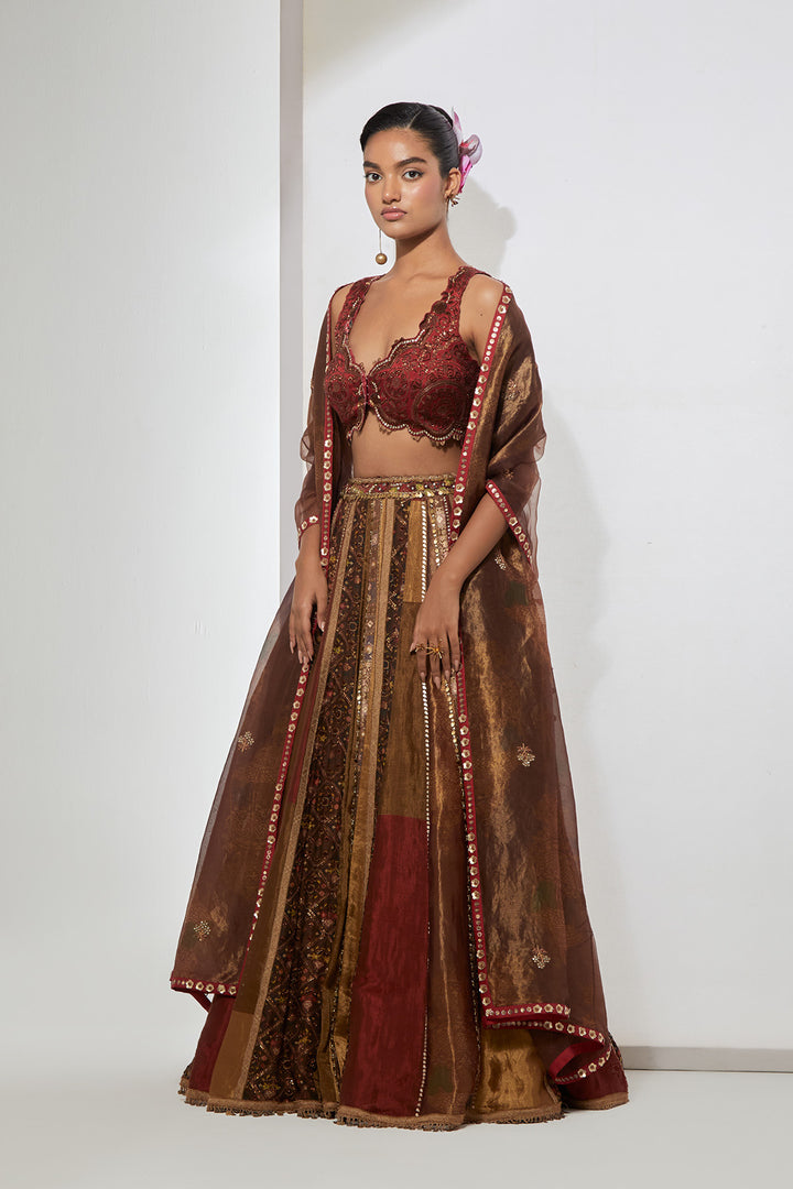 Rust Red &amp; Antique Gold Striped Panel Lehenga Set with Heavy Scalloped Corset Blouse