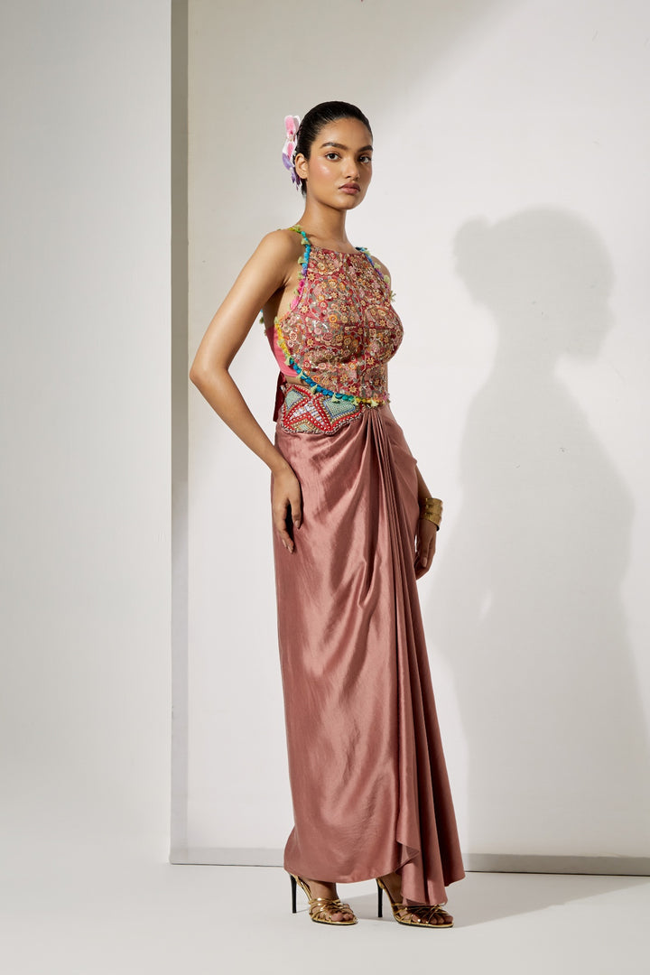 Rust Draped Skirt Set with Fully Embroidered Threadwork Blouse | RTS