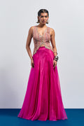 Hot pink embroidered corset skirt set