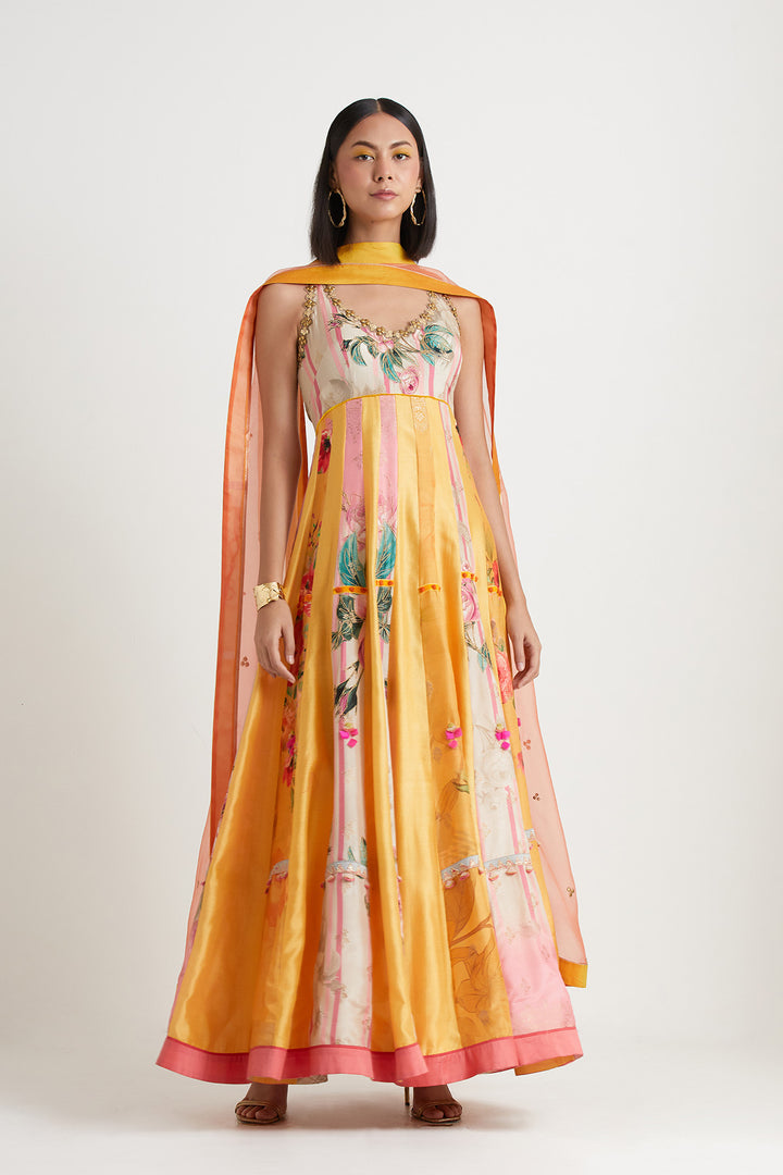 Yellow pink printed embroidered anarkali gown with dupatta