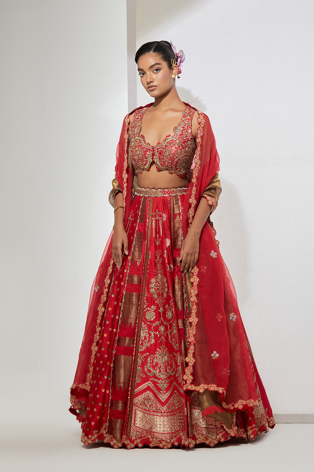 Bridal Red Multi-Panel Banarasi Silk Lehenga Set with Heavy Zardozi Scalloped Blouse