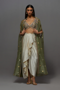 Olive green & ivory embroidered dhoti with embroidered cape blouse set