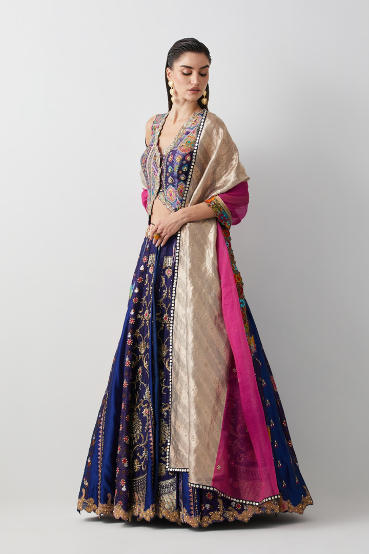 Royal Blue Silk &amp; Brocade Lehenga Set with Corset and Organza Dupatta