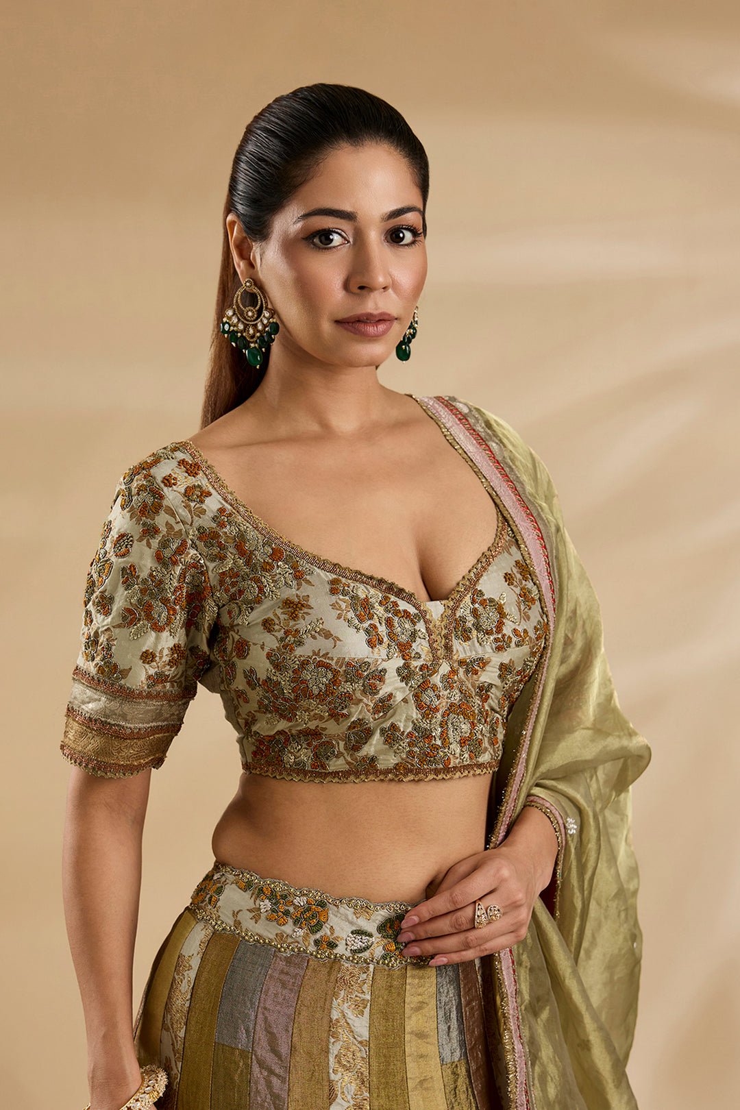 Bronze tissue Lehenga Set with Embroidered Blouse | RTS