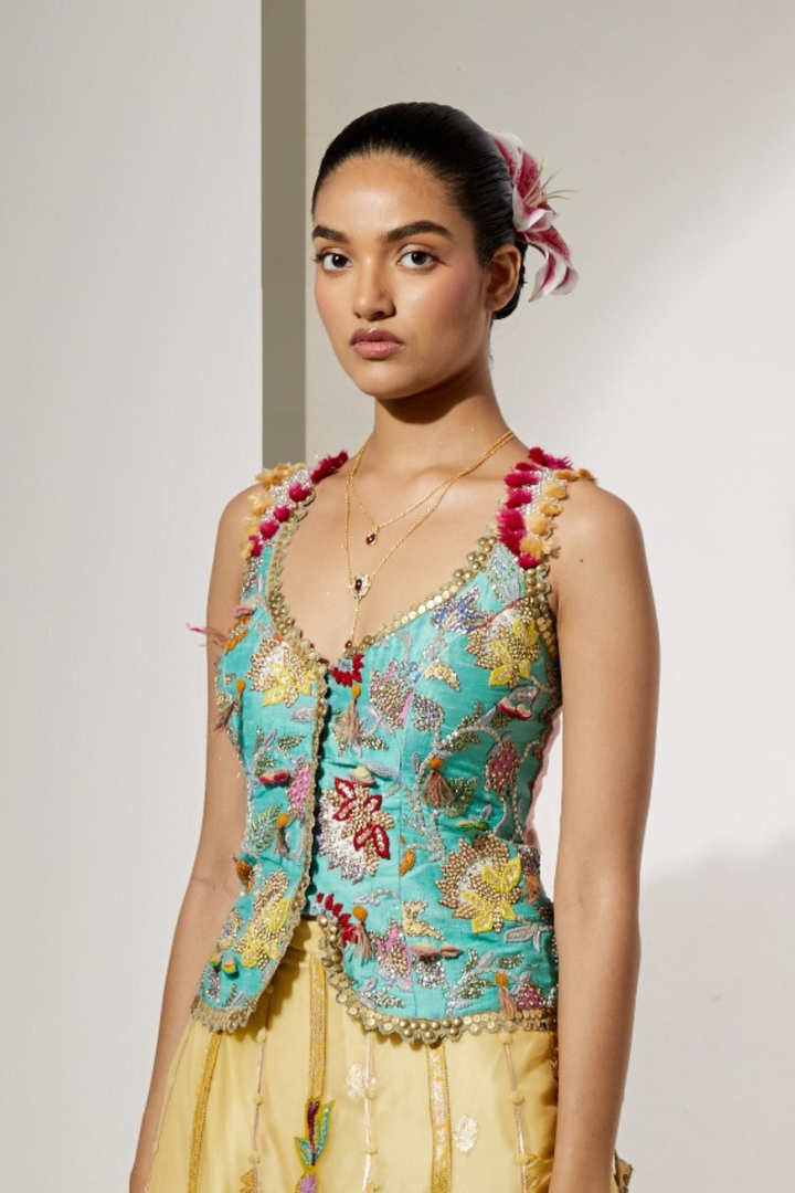 Fuschia Organza Flared Skirt+Aqua Resham Work Corset with Tassel Straps