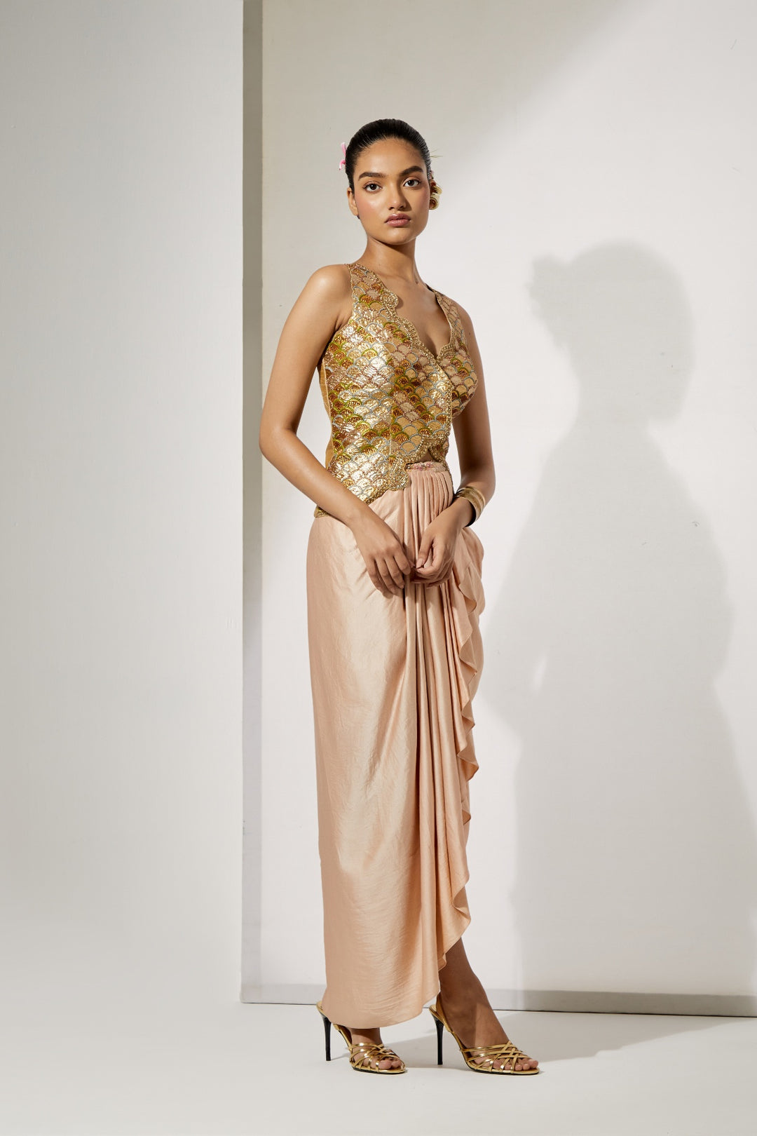 Champagne Embroidered Corset &amp; Drape Skirt Set