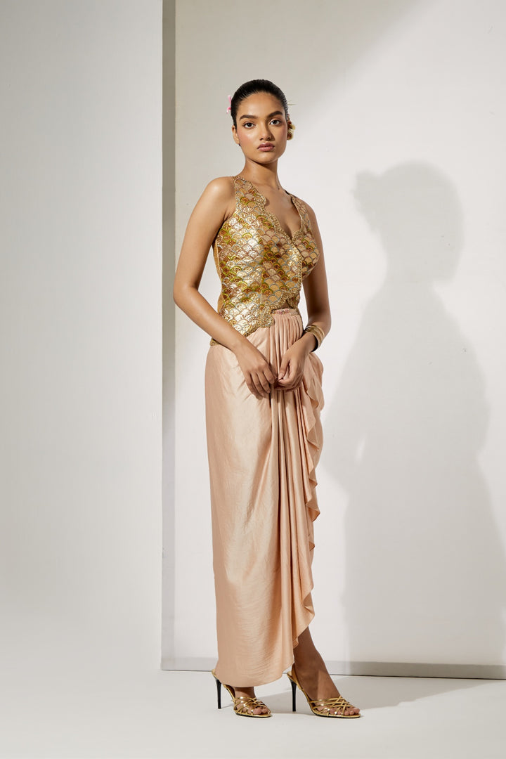 Champagne Embroidered Corset &amp; Drape Skirt Set