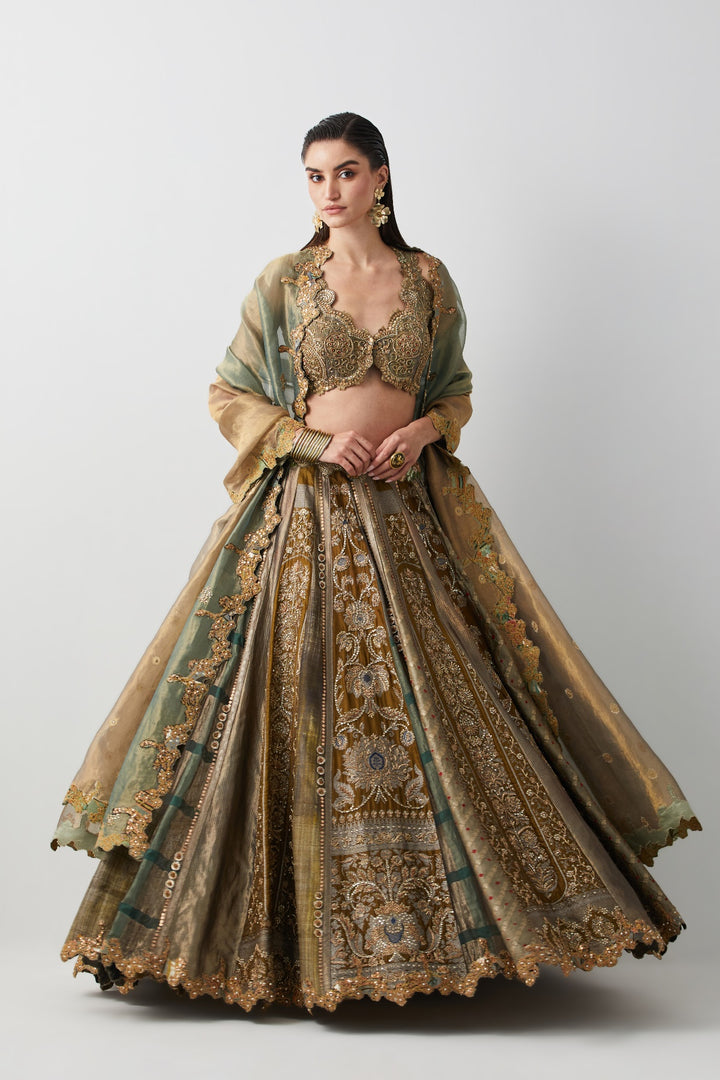 Olive Green Hand Embroidered Silk Brocade Lehenga Set