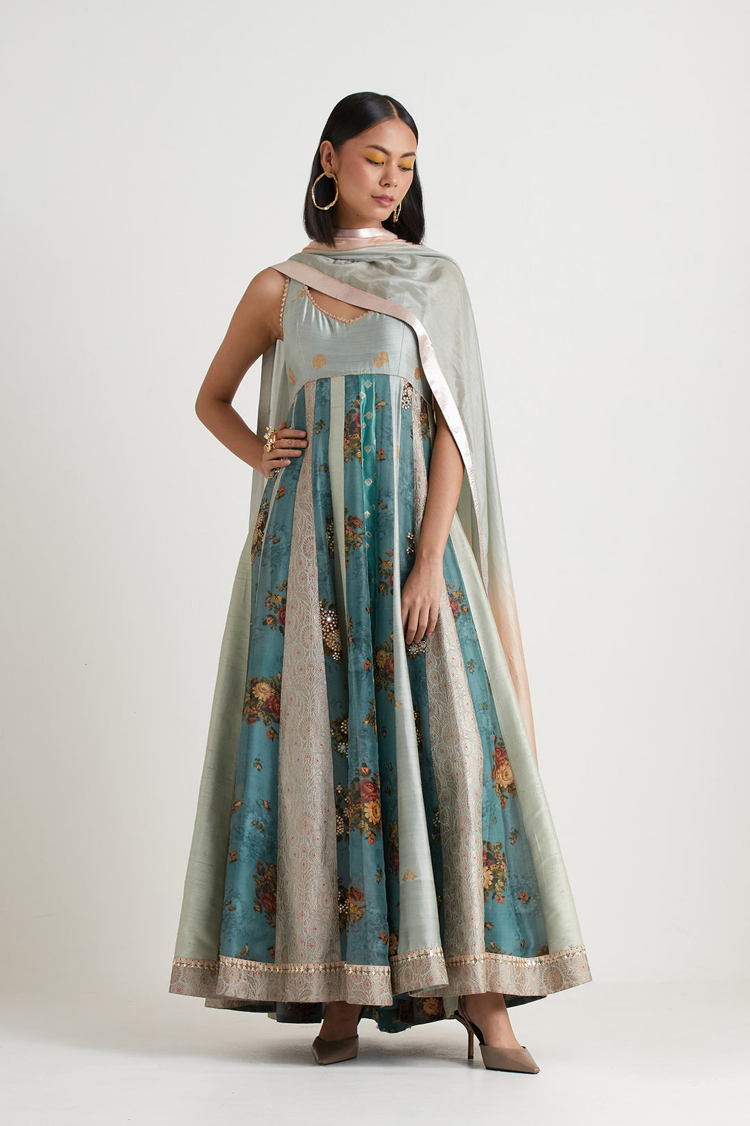 Blue embroidered anarkali gown with dupatta