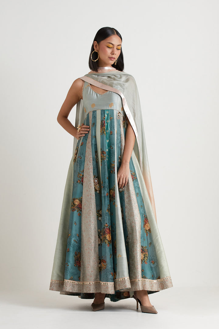 Blue embroidered anarkali gown with dupatta