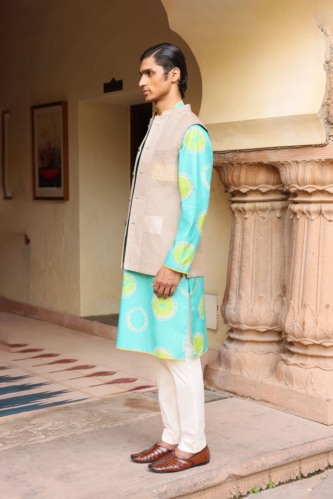 Ferozi Silk Kurta Set with Beige Tissue Jacket