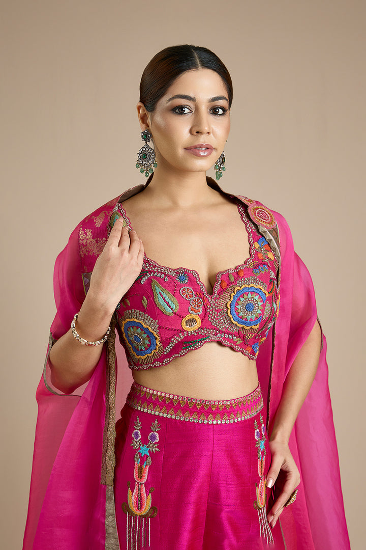 Fuchsia Pink Embroidered Cape &amp; Sharara Set | RTS
