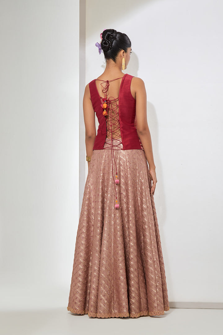 Mauve Pink Banarasi Patchwork Vest &amp; Bandani Silk Lehenga