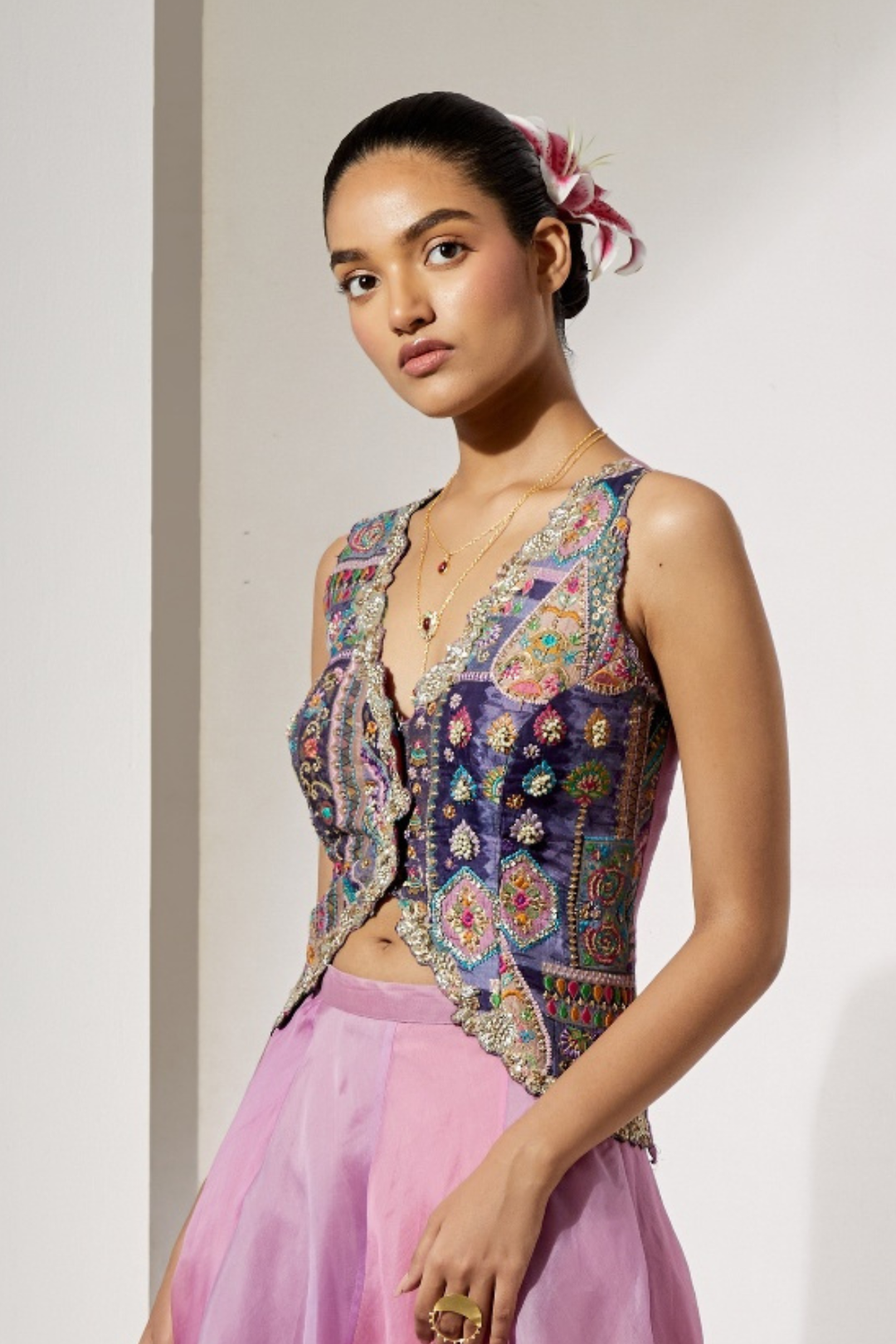Dusty Mauve Embroidered Organza Skirt+Indigo Folk Art Handwork Cropped Vest