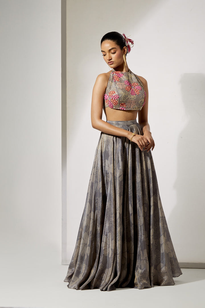 Midnight Bloom Halter Blouse &amp; Skirt Set