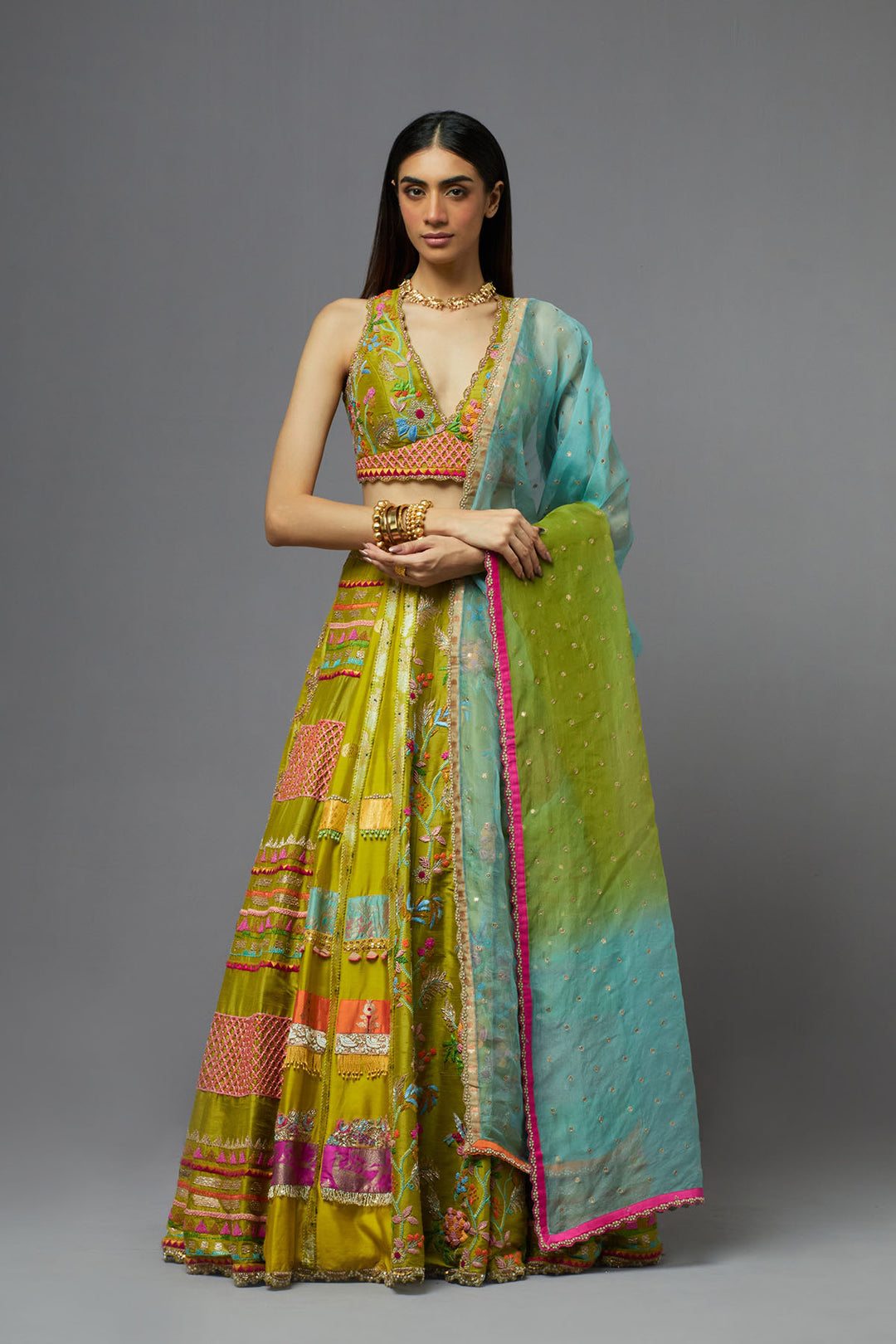 Multicolour sleeveless lehenga set with ombre dupatta