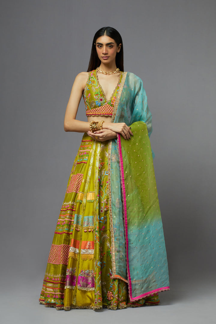 Multicolour sleeveless lehenga set with ombre dupatta