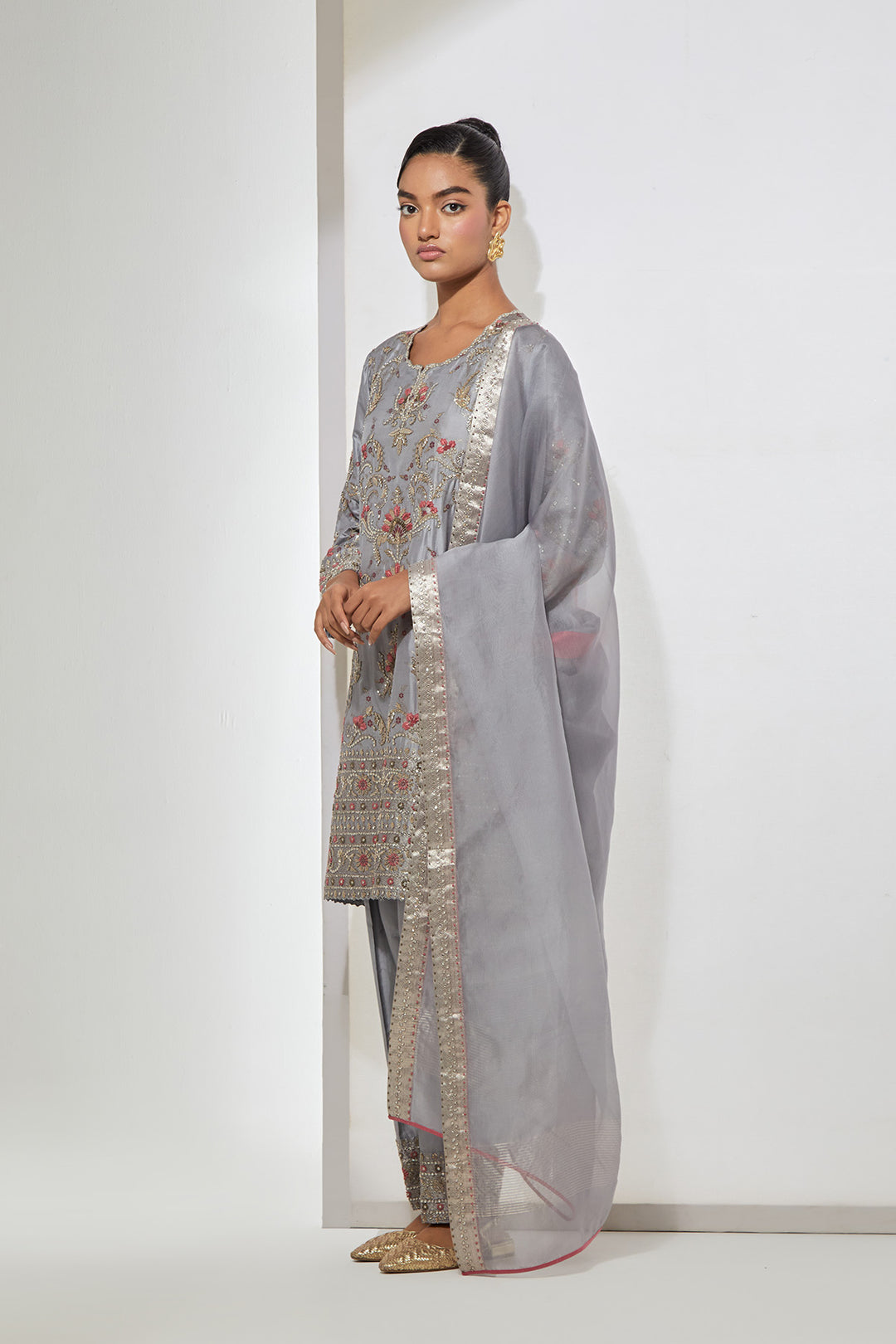 Grey Embroidered Kurta Set with Dupatta