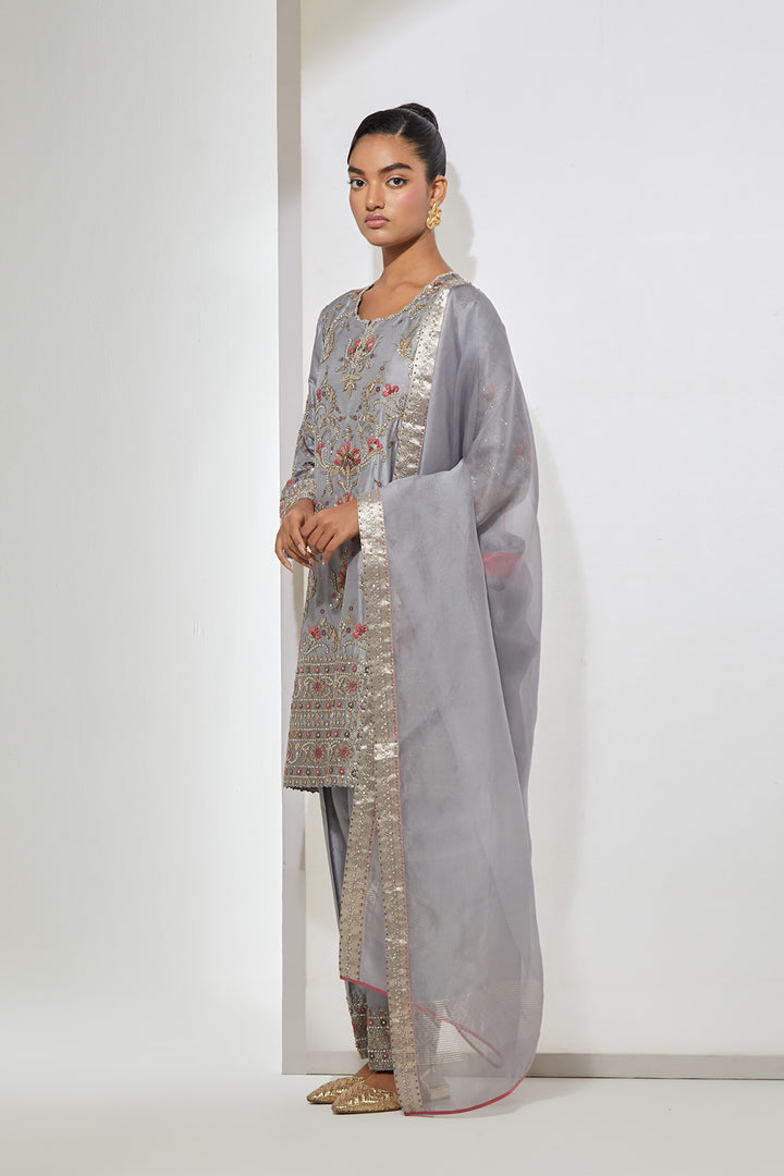 Grey Embroidered Kurta Set with Dupatta