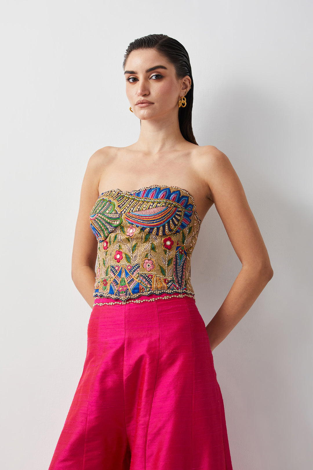 Hot Pink embroidered corset plazzo set