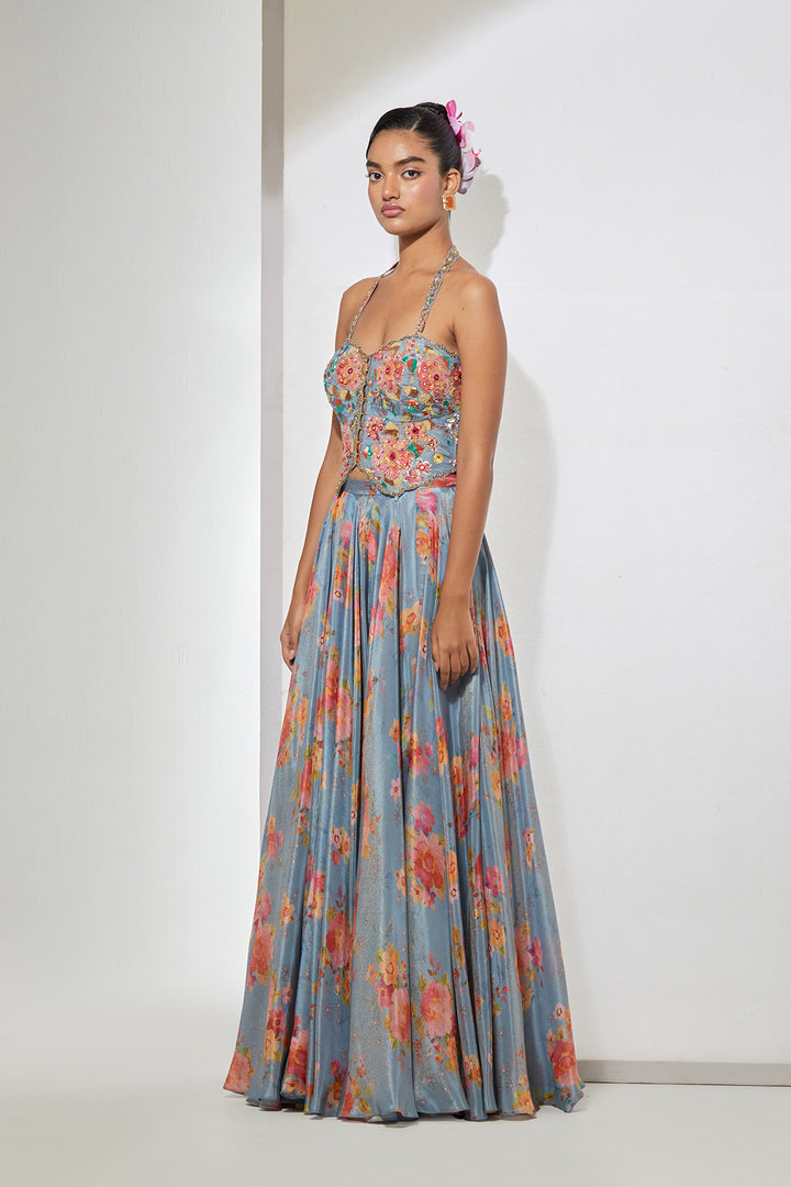 Azure Bloom Embroidered Corset &amp; Printed Skirt Set