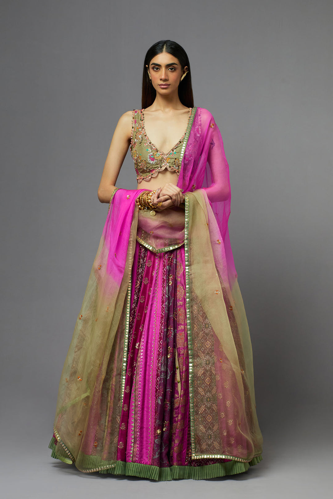 Hot pink Embroidered lehenga set with ombre dupatta