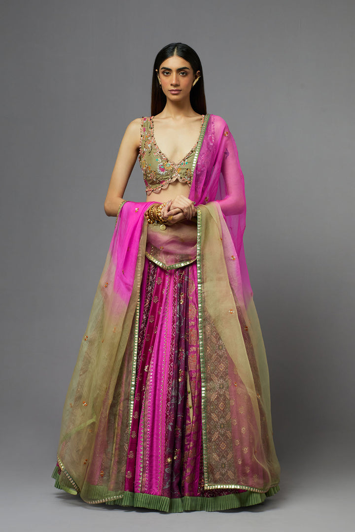 Hot pink Embroidered lehenga set with ombre dupatta