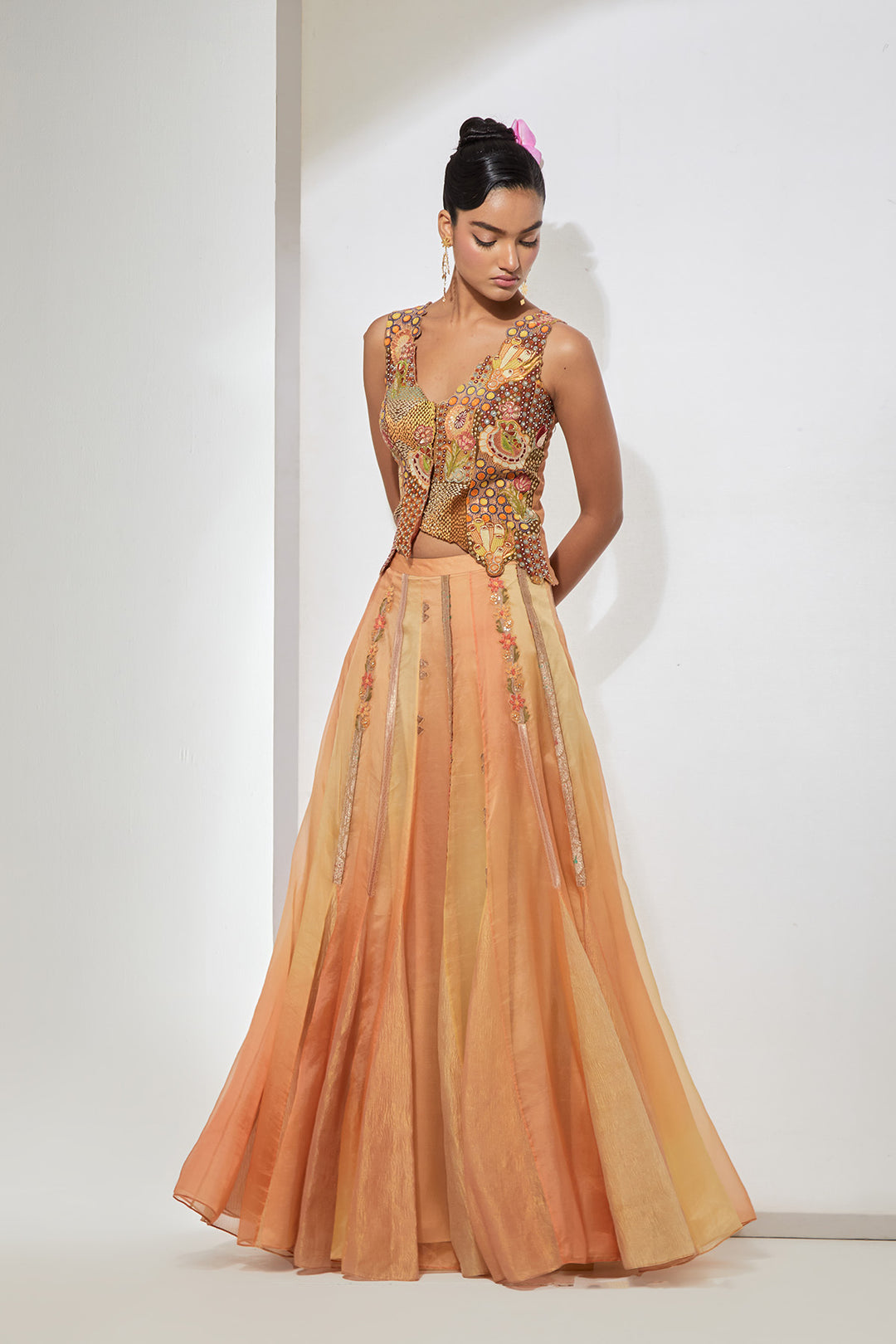 Meher Hand-Embroidered Silk Corset &amp; Organza Skirt Set