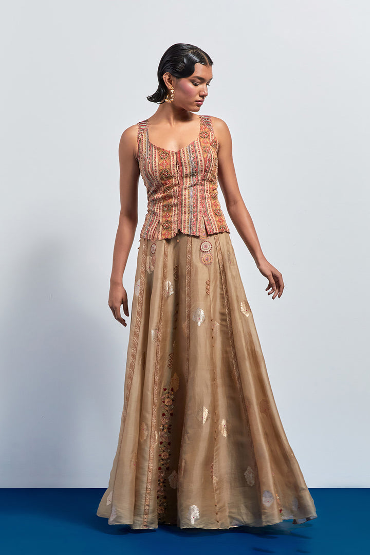 Beige embroidered skirt corset set