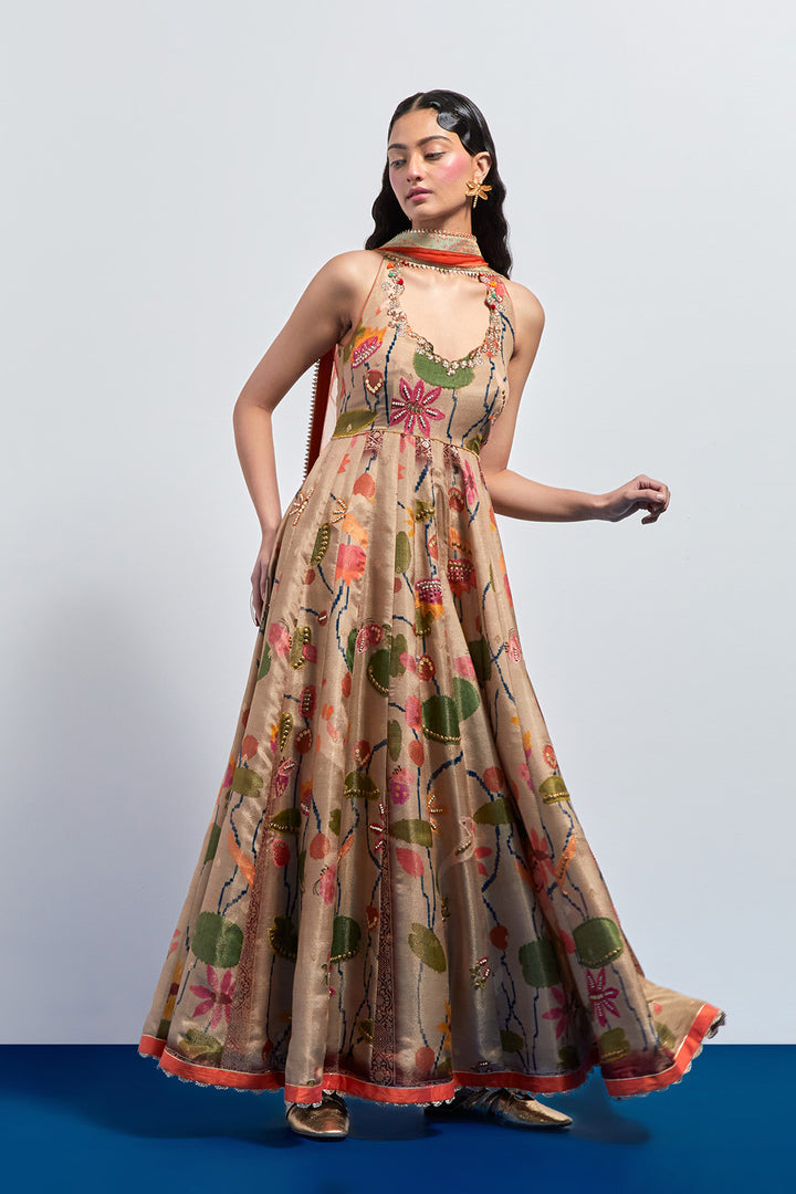 Beige floral anarkali set