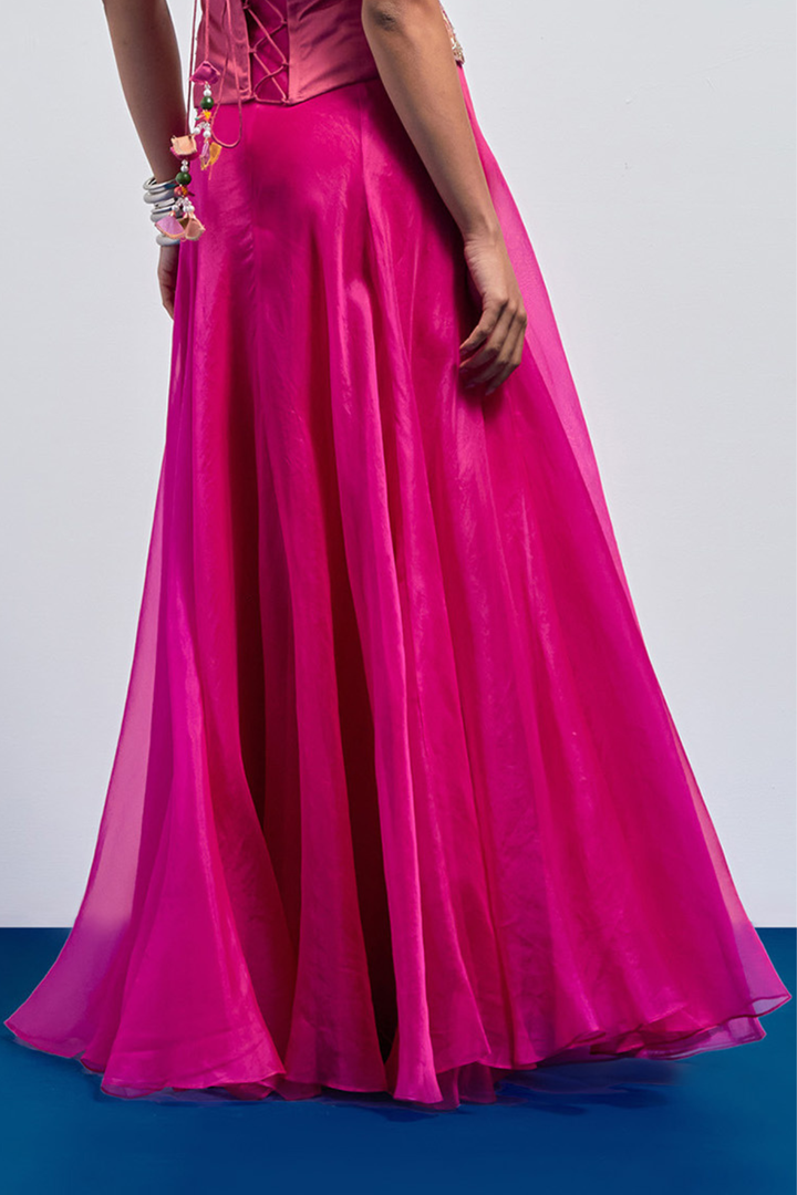 Nude-Pink Embroidered Scallop Corset+Fuschia Organza Flared Skirt