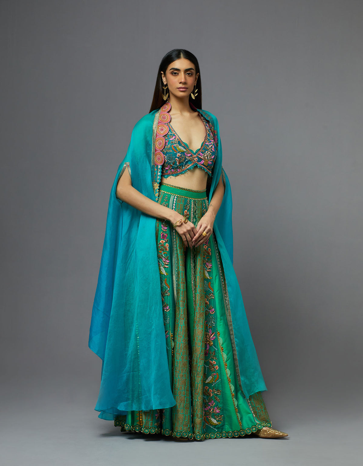 Turquoise and Green Sharara Set