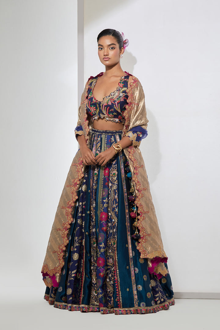 Midnight Blue Floral Embroidered Lehenga Set with Dupatta