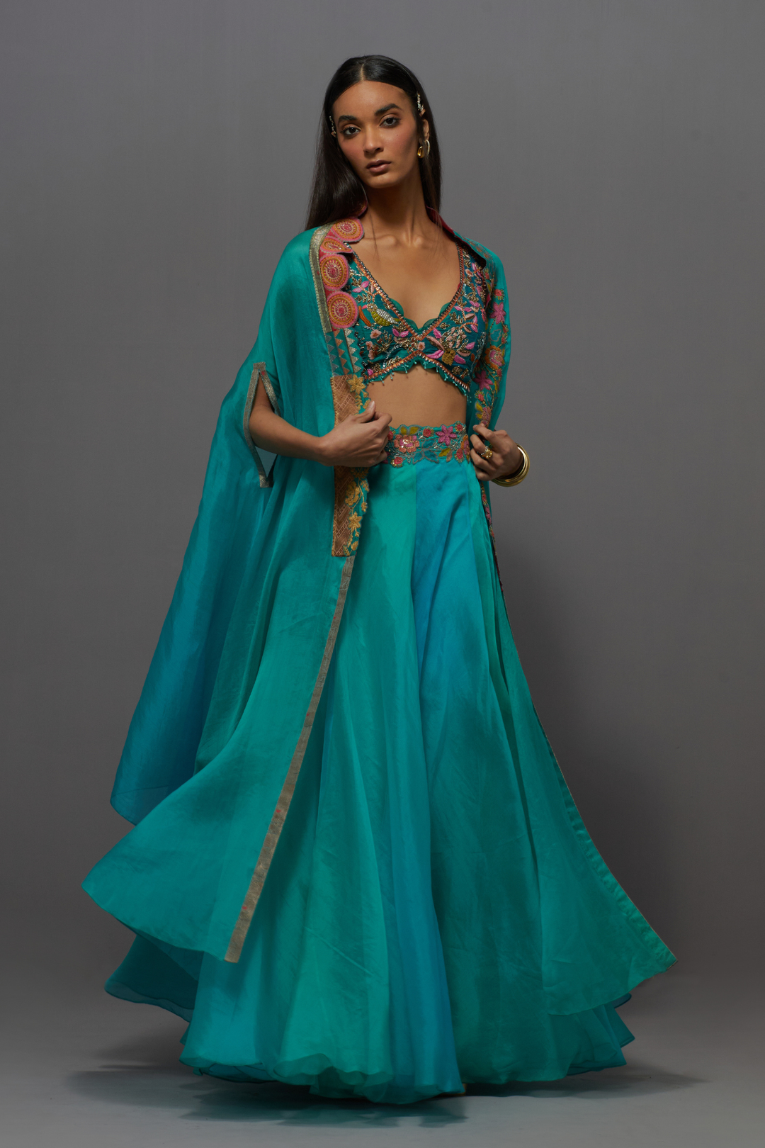 Turquoise blue embroidered skirt, cape and blouse set