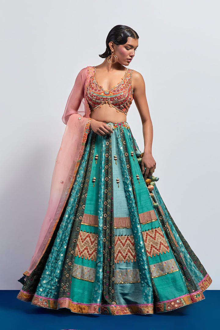 Teal green embroidered lehenga set