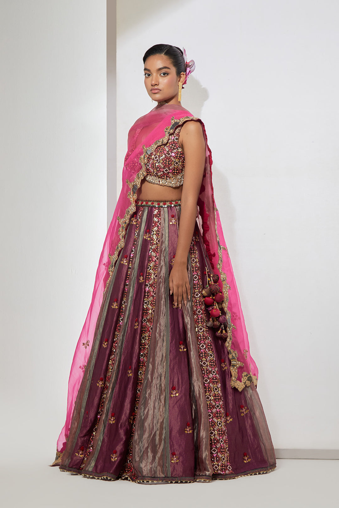 Wine Embroidered Lehenga Set with Organza Dupatta