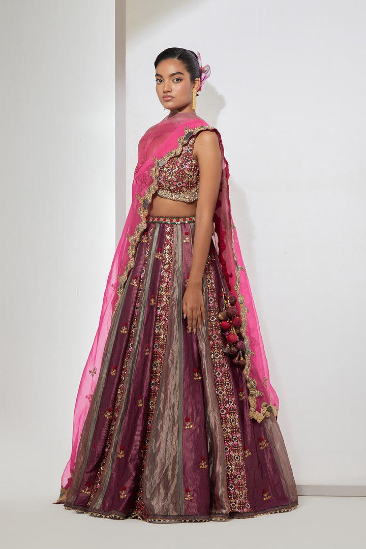 Wine Embroidered Lehenga Set with Organza Dupatta