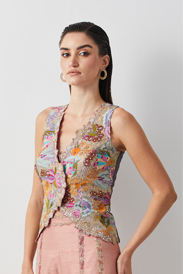 Dusty Mauve Embroidered Organza Skirt+Pastel Patchwork Embroidered Corset