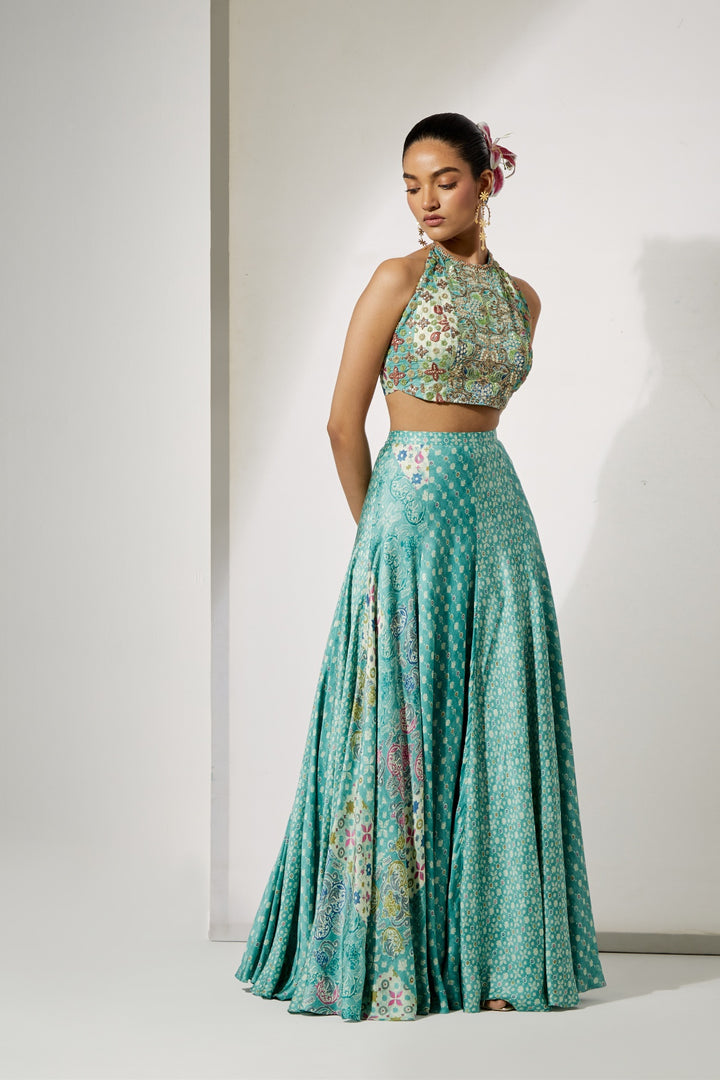 Aqua Bloom Halter Blouse &amp; Skirt Set