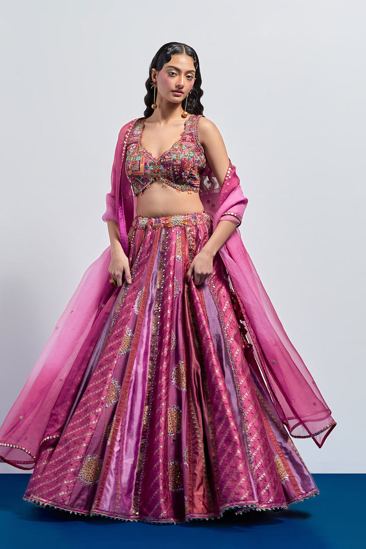Fuchsia pink embroidered lehenga dupatta set