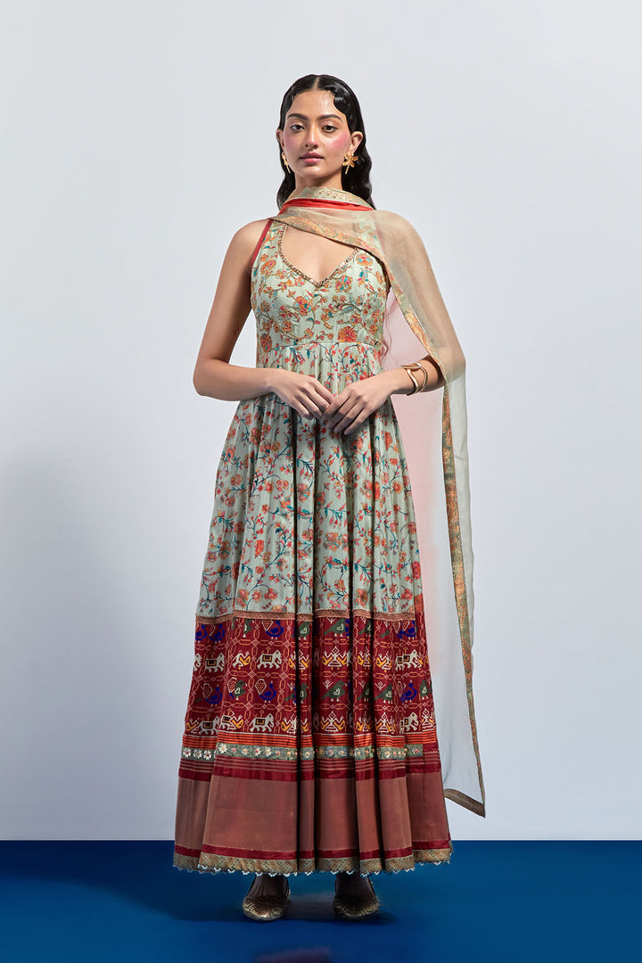 Saga green and rust block print anarkali set