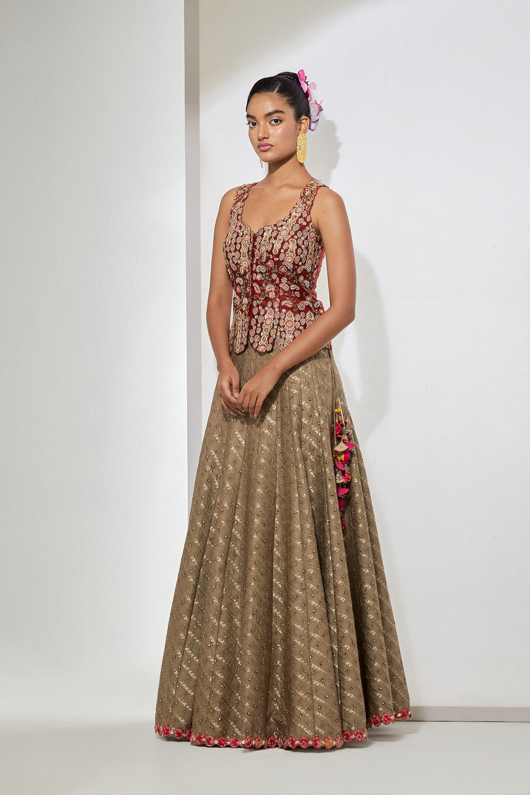 Maroon Embroidered Peplum Corset &amp; Beige Banadni Silk Lehenga